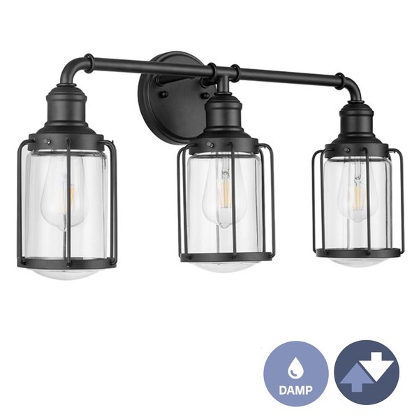 Prominence Home Lincoln Woods, Three Light Bathroom Vanity Light with Cage & Clear, Matte Black 51545-40